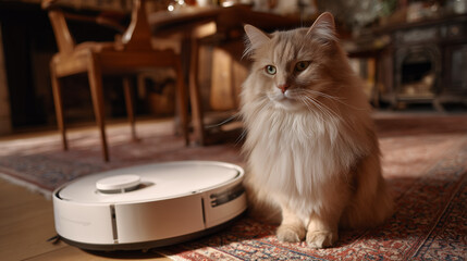 Fluffy ginger cat resting beside robotic vacuum on intricate carpet within cozy domestic setting