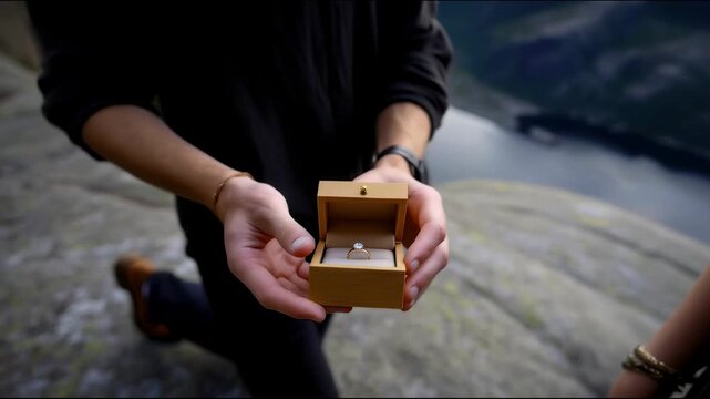 A man kneeling offers a woman a ring in a small box against the backdrop of a picturesque mountain landscape with a pond