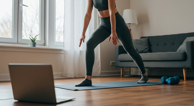 Woman Following an Online Fitness Class During Home Workout