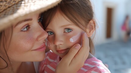 Mother applying sunscreen to child skin care protection summer vacation family travel sunblock spf beauty