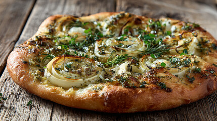 Round italian pizza with onion, thyme and fragrant herbs is lying on a wooden table, making a perfect traditional dish