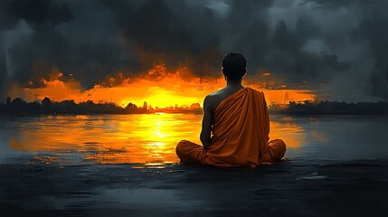 Peaceful monk meditating at sunset by the river.