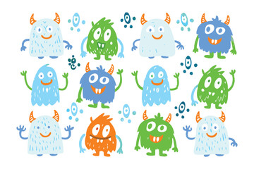 Obraz premium Playful Monster: A collection of cheerful cartoon monster characters, each with unique characteristics and vibrant colors, inviting a sense of childlike wonder.