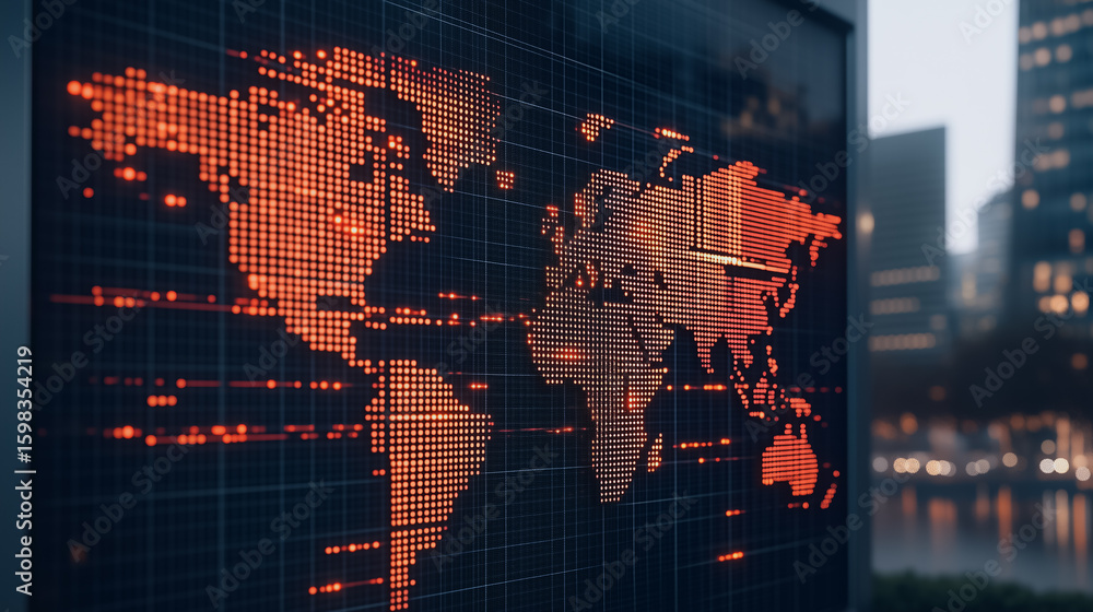 Poster global data display: a detailed global map projected on a screen within a high-rise building, symbol