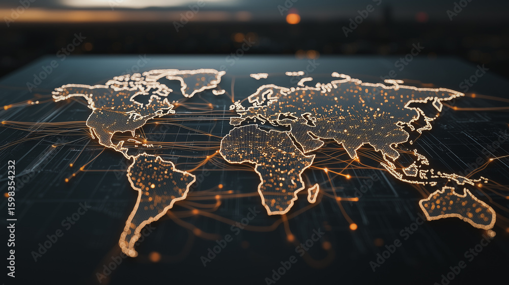 Poster global network: an abstract depiction of the globe, intricately illuminated with interconnected line