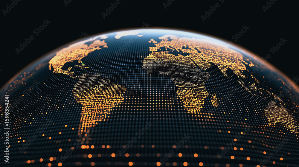 Poster global network: a dynamic depiction of the earth illuminated with a network of connected lights. ill