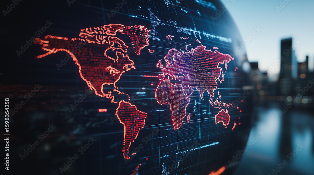 Poster global data and technological frontiers: an abstract image depicts a globe with a digital overlay, a