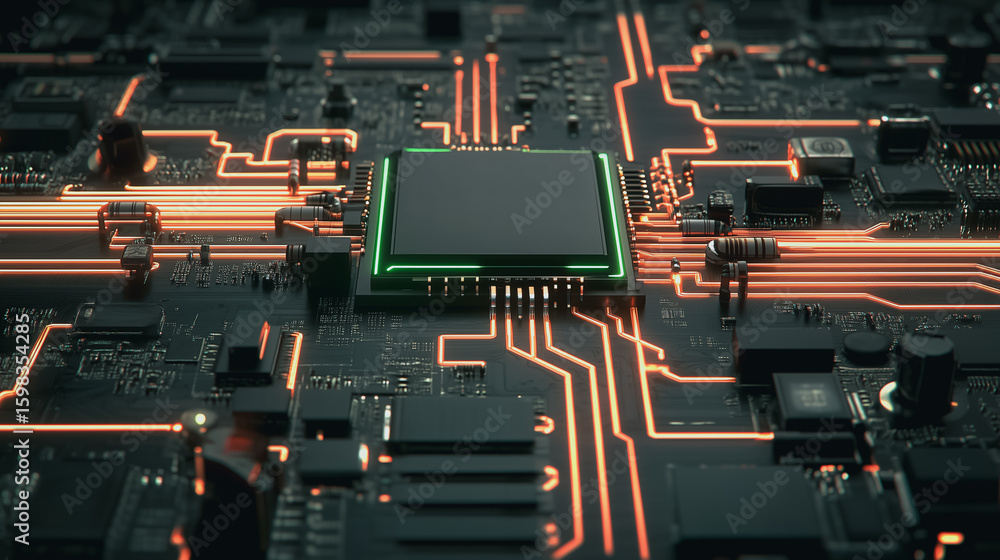 Poster technological circuitry: a close-up of a futuristic computer motherboard, showcasing the intricate n