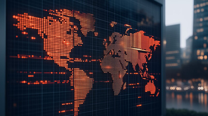 Global Data Display: A detailed global map projected on a screen within a high-rise building, symbolizing interconnected information and the flow of data across the world.