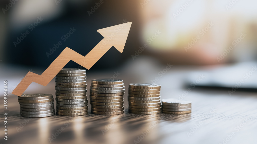 Poster financial growth visualization: a close-up shot displays ascending stacks of coins, each representin
