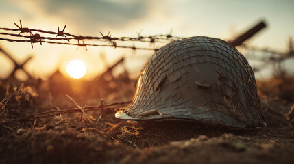 Military helmet lying on the ground in front of barbed wire at sunset, symbolizing the end of war and remembering fallen soldiers