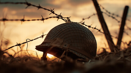 Military helmet lying on ground at sunset behind barbed wire, evoking memories of fallen soldiers and sacrifices made in war