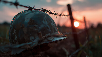 Military helmet resting on dusty ground, sunset silhouetting barbed wire, conveying wartime sacrifice and memory