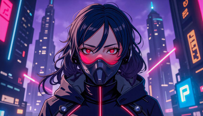 An anime style cyberpunk female character with glowing red eyes and a mask standing in a neon futuristic city at night.