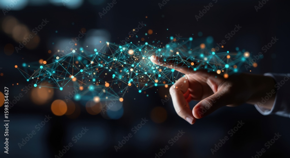Poster close up of a hand interacting with a glowing digital network of connections and data points