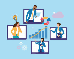Online business meeting vector, Coworkers discussing illustration, Virtual business discussion scene, Team discussing business growth online infographic, Startup people meeting on screens clipart