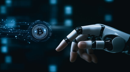 Digital Bitcoin Touch: Futuristic scene, a robotic hand delicately interacts with a digital Bitcoin symbol, set against a backdrop of interconnected digital lines.