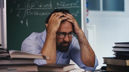 Tired male scientist removing glasses, feeling stuck in research, creative block - Powered by Adobe