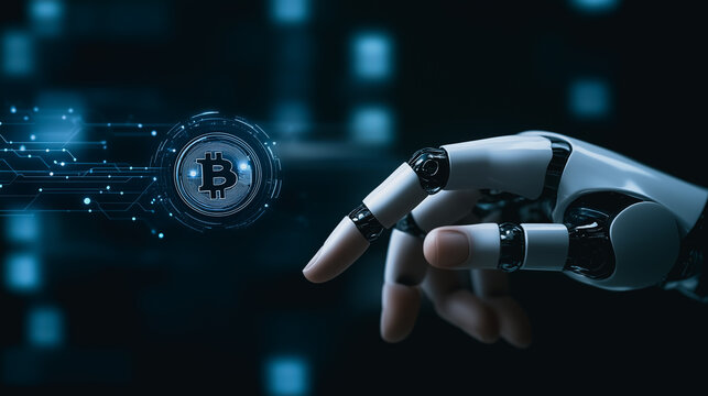 Digital Bitcoin Touch: Futuristic scene, a robotic hand delicately interacts with a digital Bitcoin symbol, set against a backdrop of interconnected digital lines.