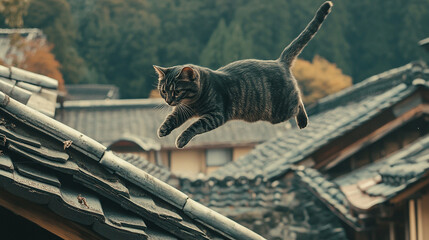 Obraz premium Cat Leap Over Rooftops: A sleek domestic cat leaps gracefully across the rooftops. Capturing the essence of agility and urban adventure.