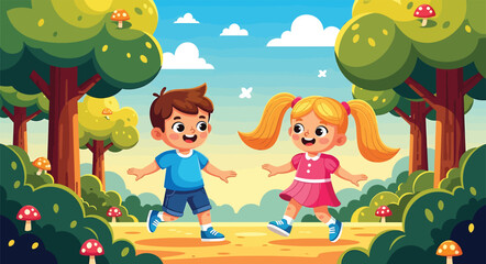 vector, illustration, children playing in the park