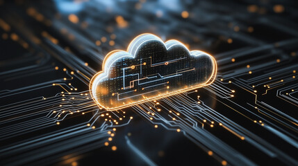 Cloud Computing Connection: A dynamic representation of cloud computing, featuring a luminous cloud symbol intricately interconnected with digital pathways, symbolizing global data accessibility. 