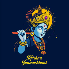 Krishna janmashtami festive portrait, vector art illustration.