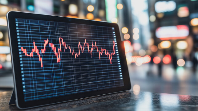 Market Downturn on Tablet: A digital tablet displays a red stock chart indicating a financial downturn, set against a blurred cityscape background.