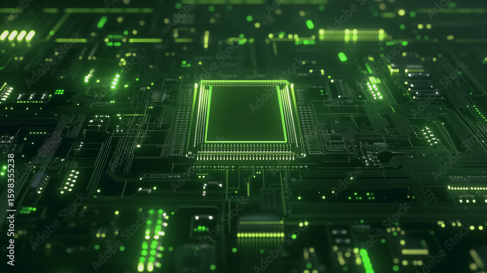 Poster illuminated circuit board: close-up shot of an illuminated circuit board, revealing the intricate ne