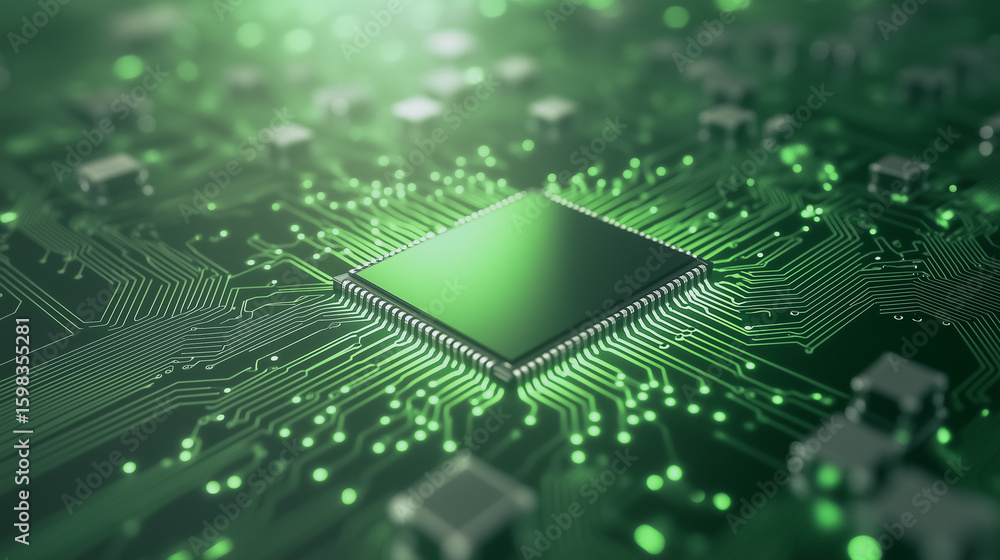 Aufkleber green tech core: a high-angle, photorealistic image showcases a cutting-edge computer microchip, ema