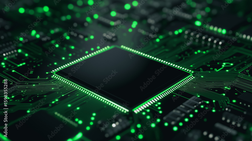 Poster tech's core: close-up shot of a cpu highlighting intricate circuitry and a digital representation of