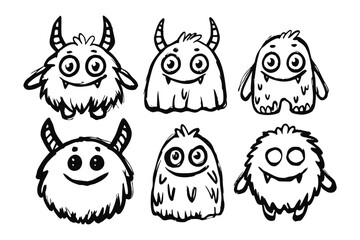 Cute Monster Characters: A collection of adorable and whimsical monster characters in sketch style, perfect for illustrations, embodying playful fun and creative charm.