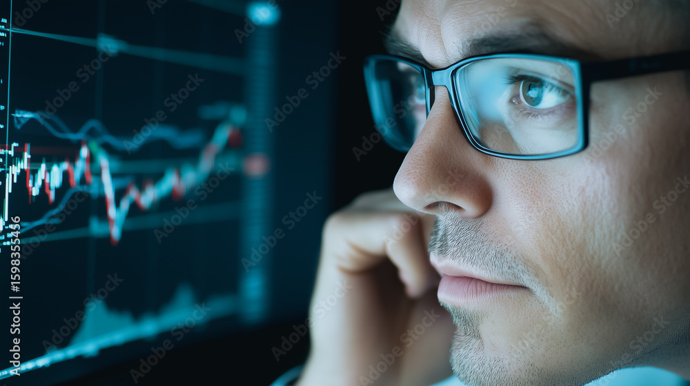 Aufkleber analyzing data: a focused individual, adorned with glasses, deeply immersed in scrutinizing the vibr