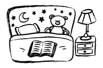 Dreamy Nighttime Scene: A charming, hand-drawn illustration of a cozy bedroom setting, complete with a comfortable bed, a soft teddy bear, an open book, and a bedside lamp.