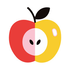 A stylized illustration of a halved apple, showcasing the red and yellow halves with a pink core.