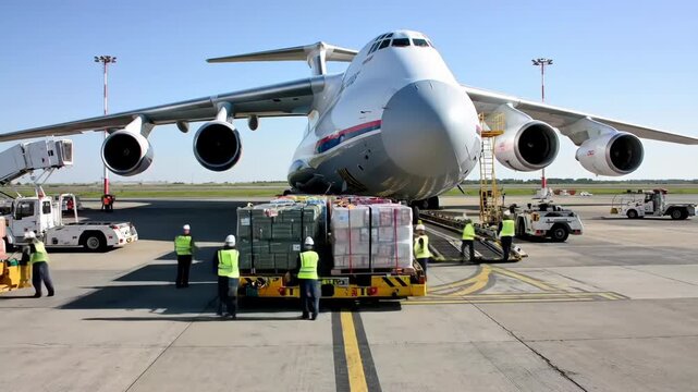 Cargo loading onto massive plane at busy airport tarmac with workers and equipment in action