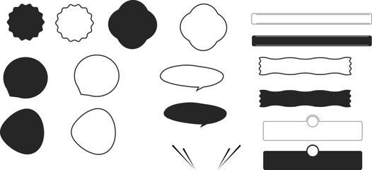 set of abstract black and white speech bubbles, badges, ribbons, banners, and shapes for design elements, labels, text frames, UI/UX, or comic style graphics