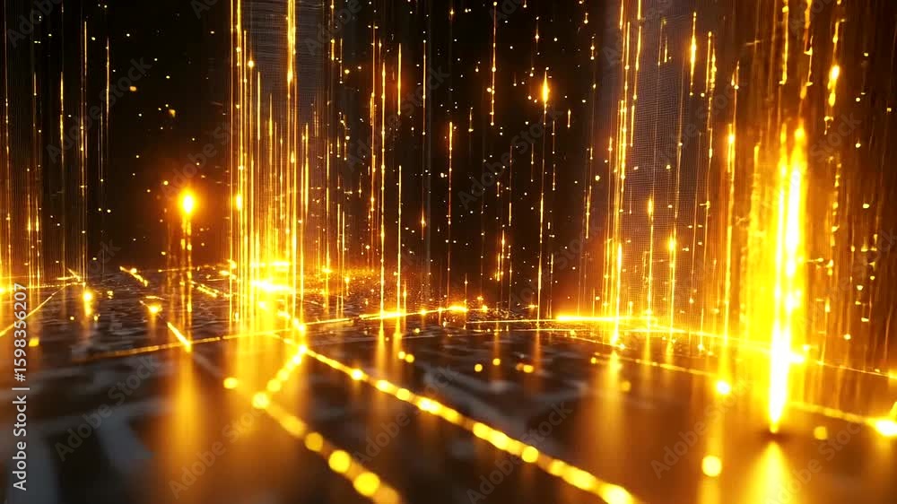 Wall mural dynamic golden light streaks and particles create a mesmerizing high-tech abstract cityscape