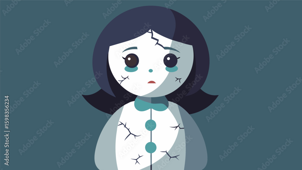Poster a cracked porcelain doll with a pained expression symbolizing the fragility and vulnerability of one