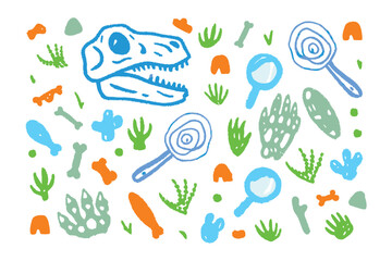 Dinosaur Discovery: A playful illustration showcases a collection of dinosaur-themed elements, perfect for educational materials or creative projects.