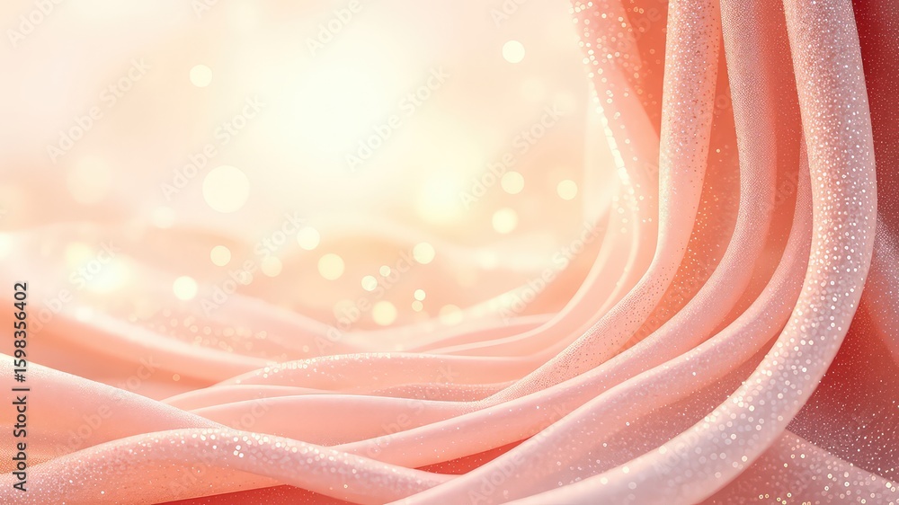 Poster abstract flowing backdrop of sparkling peach colored fabric with diffused light and glowing bokeh fo