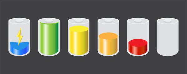 3D battery charge design on gray background. Full charge energy for mobile phone. Accumulator indicator vector icon of power level.