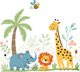 Funny baby safari animals in a jungle tree with an elephant, giraffe, zebra, and lion vector cartoon illustration © kartick