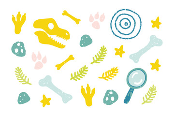 Dino Exploration Elements: A whimsical illustration of various dinosaur elements like bones, fossil, magnifier, stars and footprint for educational and decorative purposes.