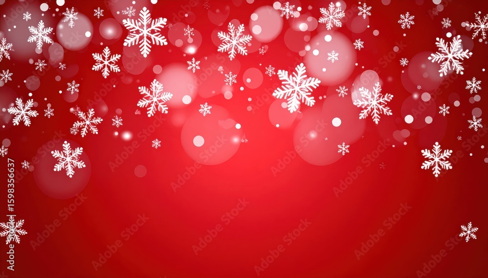 Poster festive red background with white snowflakes and bokeh effect