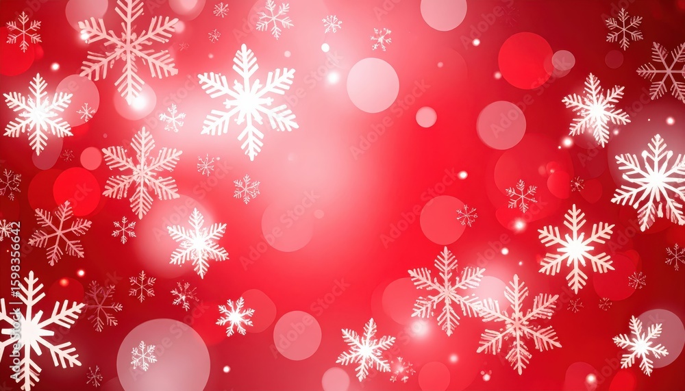 Poster festive red background with white snowflakes and soft bokeh effect