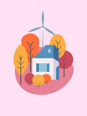 Trendy autumn art banner, poster, cover, postcard with a colorful house surrounded by trees and a windmill in the background. Fall background, template for advertising, sales, web, print