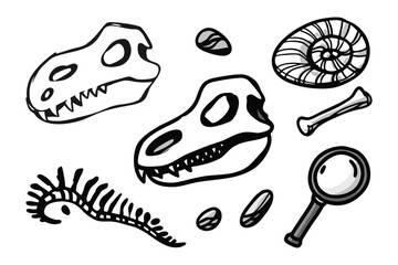Dinosaur Discovery: Black and white illustration of dinosaur bones, fossils, and a magnifying glass, suggesting the joy of fossil hunting.