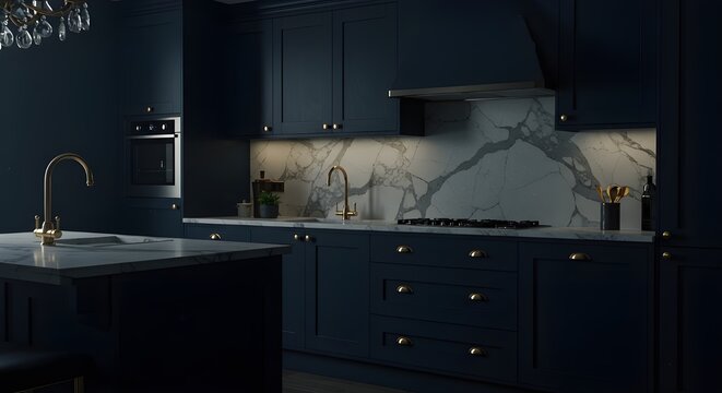 Shadowy Indigo Kitchen with Gold Hardware, Marble Counters, and Statement Lighting &ndash; Luxurious Modern Design for Elegant, Dramatic Culinary Spaces