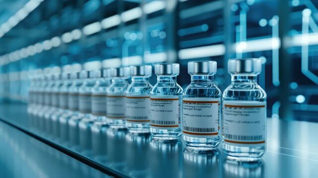 Observe the assembly line for medical vials showcasing advanced technology and meticulous attention to detail in a laboratory environment